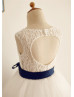 Ivory Lace Tulle Keyhole Back Handkerchief Hem Flower Girl Dress 